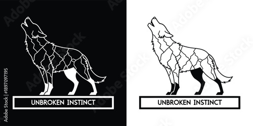 Striking black and white vector graphic featuring a howling wolf silhouette with internal geometric fragmentation and text reading unbroken instinct below
