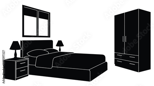 a simple bedroom interior scene with a bed window and wardrobe silhouette