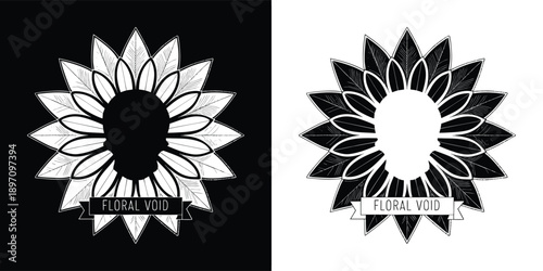 Striking black and white graphic design featuring a stylized floral element surrounding a central negative space silhouette often used for branding purposes.