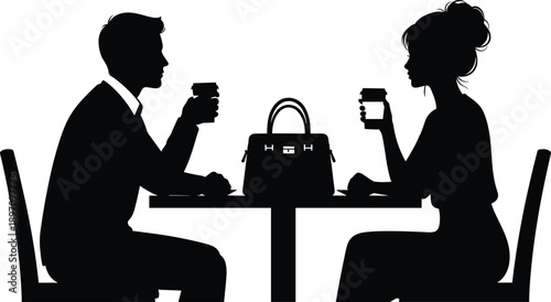 Couple sitting at cafe table drinking coffee silhouette, romantic date concept, man and woman talking, vector illustration isolated on white