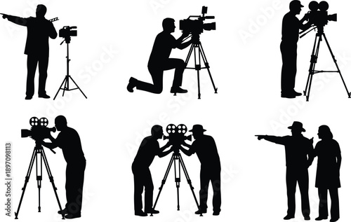 Film crew silhouette set, movie director and cameraman with video camera on tripod, cinema production team vector collection