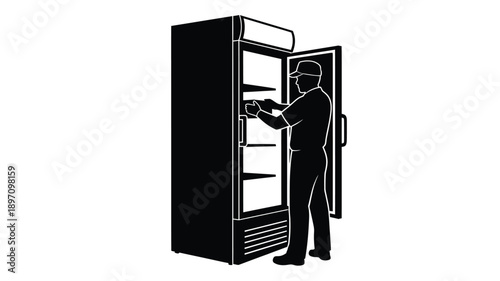 a person reaching into a tall refrigerator open door black and white silhouette