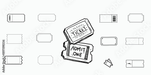 Vintage Hand Drawn Movie Ticket Set and Retro Admit One Coupons for Events
