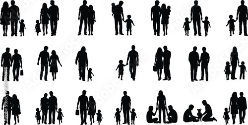 Happy family silhouette set, parents and children walking together, father mother and kids icons, black vector people collection, isolated community graphics