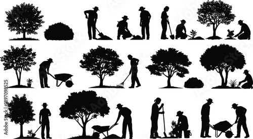 Gardener silhouette set, people planting trees and working in garden with shovel and wheelbarrow, vector collection isolated on white