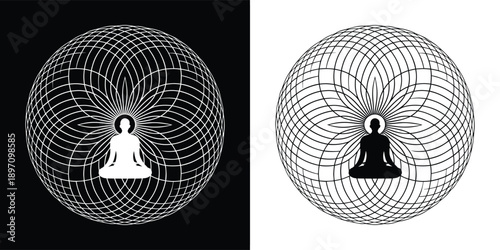 Sacred geometry design featuring a meditating silhouette figure surrounded by intricate toroidal light patterns in black and white