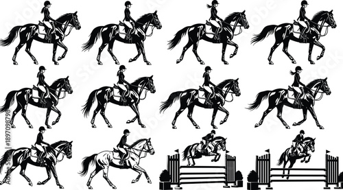 Horse riding silhouette set, equestrian sport jockey jumping hurdle, galloping stallion vector collection, isolated black illustration on white background