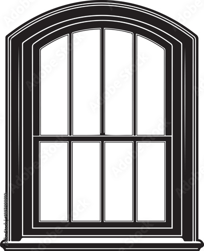 Black and white of a six pane arched window with white background six pane window architecture
