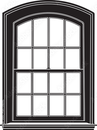 Black and white of a window with 12 panes arched white background architecture