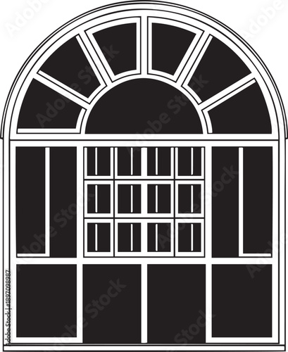 Black and white of a window with arched and multiple panes arched window architecture silhouette