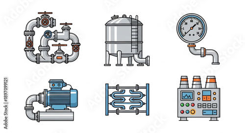 Industrial equipment and machinery icons set.