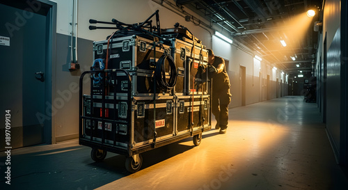 Unrecognizable worker pushing a heavy cart loaded with professional flight cases and equipment through a dimly lit industrial corridor.