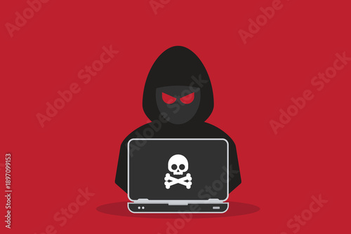 Hacker at laptop icon. Flat illustration of hacker at laptop vector icon for web design	