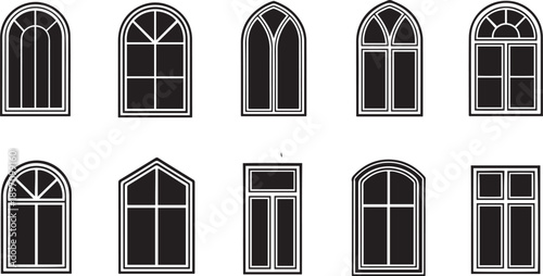 Black and white of various window styles windows arched windows gothic windows rectangular windows