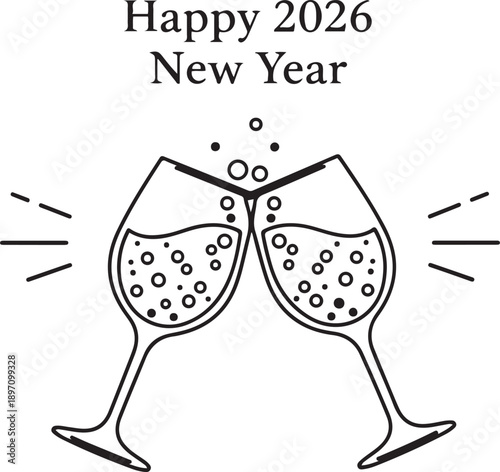 Happy New Year 2026 champagne glasses clinking glasses bubbles