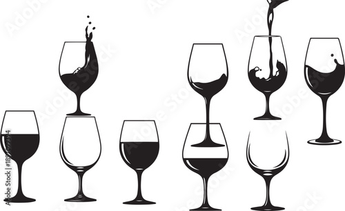 Wine glasses with different levels of red wine empty glasses