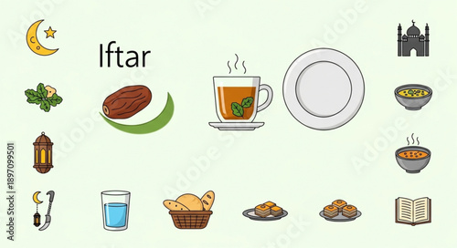 Iftar meal spread with dates tea and mosque illustration.