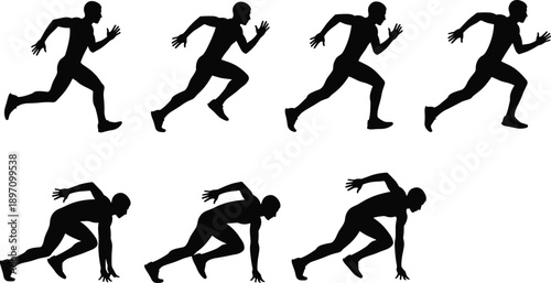 Running man silhouette set, sprinter start position and fast run sequence, athletic motion vector collection, isolated on white background