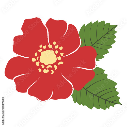 Schilderij op canvas Red wild rose flower with leaves