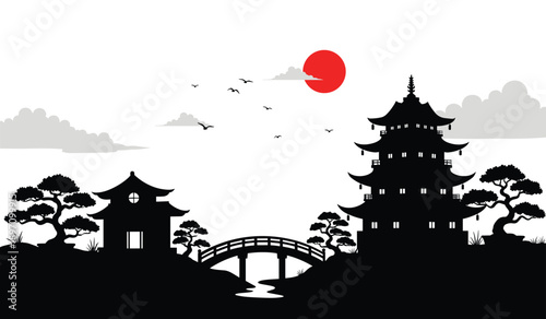 Black silhouette of Japanese pagoda temple bridge trees and red sun with birds vector art architecture