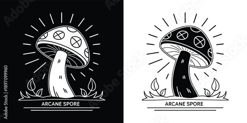 Striking black and white illustration of a glowing arcane spore mushroom design presented in dual negative and positive formats
