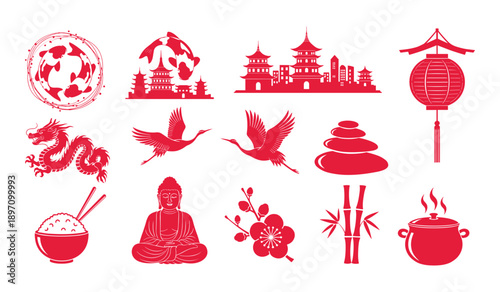 Red Asian cultural icons collection including koi fish dragon temples lantern Buddha rice bamboo flower and hot pot