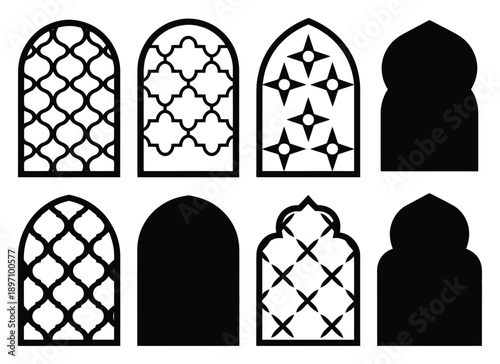 Collection of Islamic Arch Window Silhouettes with Geometric Patterns