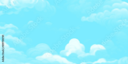 Dotted comic cloud background. White halftone clouds in blue sky. Pop art heaven wallpaper for banner, brochure, collage, poster, leaflet. Pixelated smoke, smog or fog texture. Vector illustration