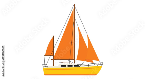 Yellow sailboat with bright orange sails isolated on a white background graphic