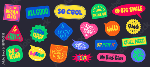 Hand Lettered Stickers and Patches Set. Positive Quotes, Good Vibes Badges, and Motivational Labels, Good Vibes