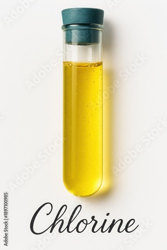 Highly reactive chlorine element in a laboratory glass container isolated on white