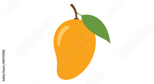 Simple flat vector illustration of a single ripe orange mango fruit with a green leaf