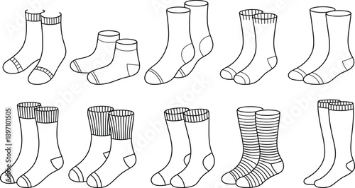 Black and white socks illustration set featuring various ankle and crew sock styles in clean outline design for apparel fashion, textile graphics and clothing production