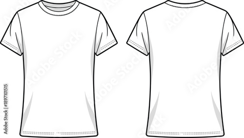 Black and white t shirt technical illustration showing front and back views in clean outline style for apparel design, fashion production, sewing patterns and textile graphics