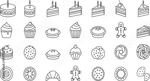 Hand drawn dessert and bakery icon set with cakes cupcakes cookies pies and gingerbread sweet food outline illustrations isolated on white background