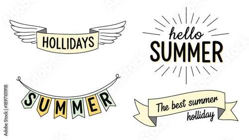 Collection of four summer-themed typography badges featuring ribbons sunbursts and festive banners for holiday use.