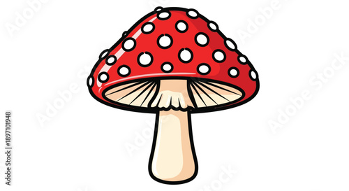 Adorable cartoon illustration of a classic red and white spotted amanita mushroom icon