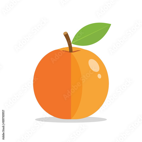 Simple flat design illustration of a fresh orange fruit with a green leaf attached