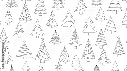 Festive Christmas tree pattern displays a variety of hand-drawn holiday evergreens in black and white for charming winter wrapping paper.