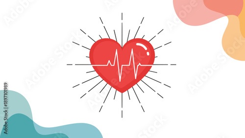 Heartbeat pulse line across a bright red heart with radiating sunburst rays creates an energetic medical or health-themed icon for banners.