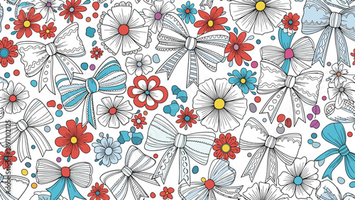 Whimsical floral pattern features a busy arrangement of colorful bows, flowers, and dots for a playful and feminine textile or paper design.