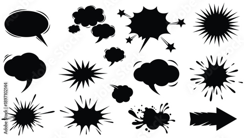Selection of comic book speech bubbles and starburst silhouettes provides graphic elements for creative storytelling and design projects.