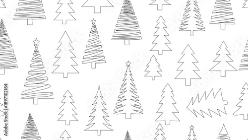 Seamless background pattern featuring hand-drawn stylized Christmas trees in black and white offers a festive aesthetic for holiday themes.