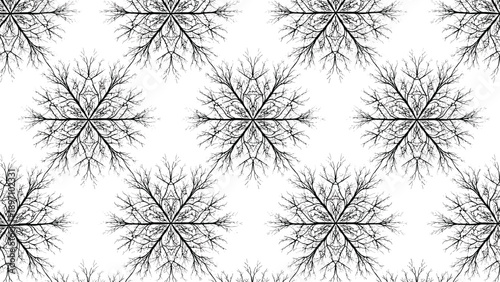Artistic pattern of snowflake structures created from intricate bare tree branches provides a unique winter nature theme for backgrounds.