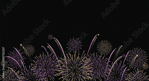 Purple and Gold Fireworks Display with Sparkling Trails on Black Background, Festive Night Celebration