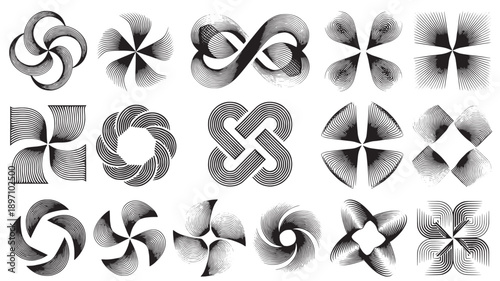 Grayscale Abstract Geometric Icons with Halftone Texture Isolated on White