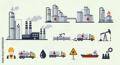 Industrial factory and transportation icons set.