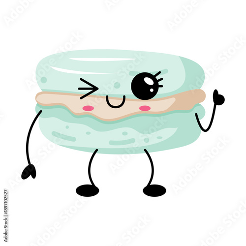 Cute pastel macaron kawaii character winking isolated on white background.