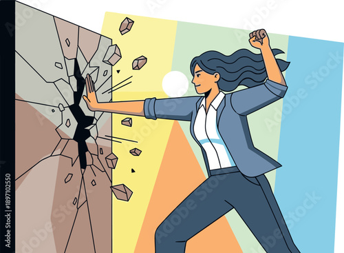 Determined businesswoman powerfully breaking through a crumbling concrete wall symbolizing strength and overcoming challenges with resilience