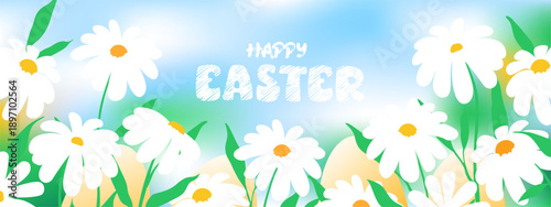 Spring landscape with blue sky, green field, white flowers. Sunny day vector background. Happy Easter greetings. 